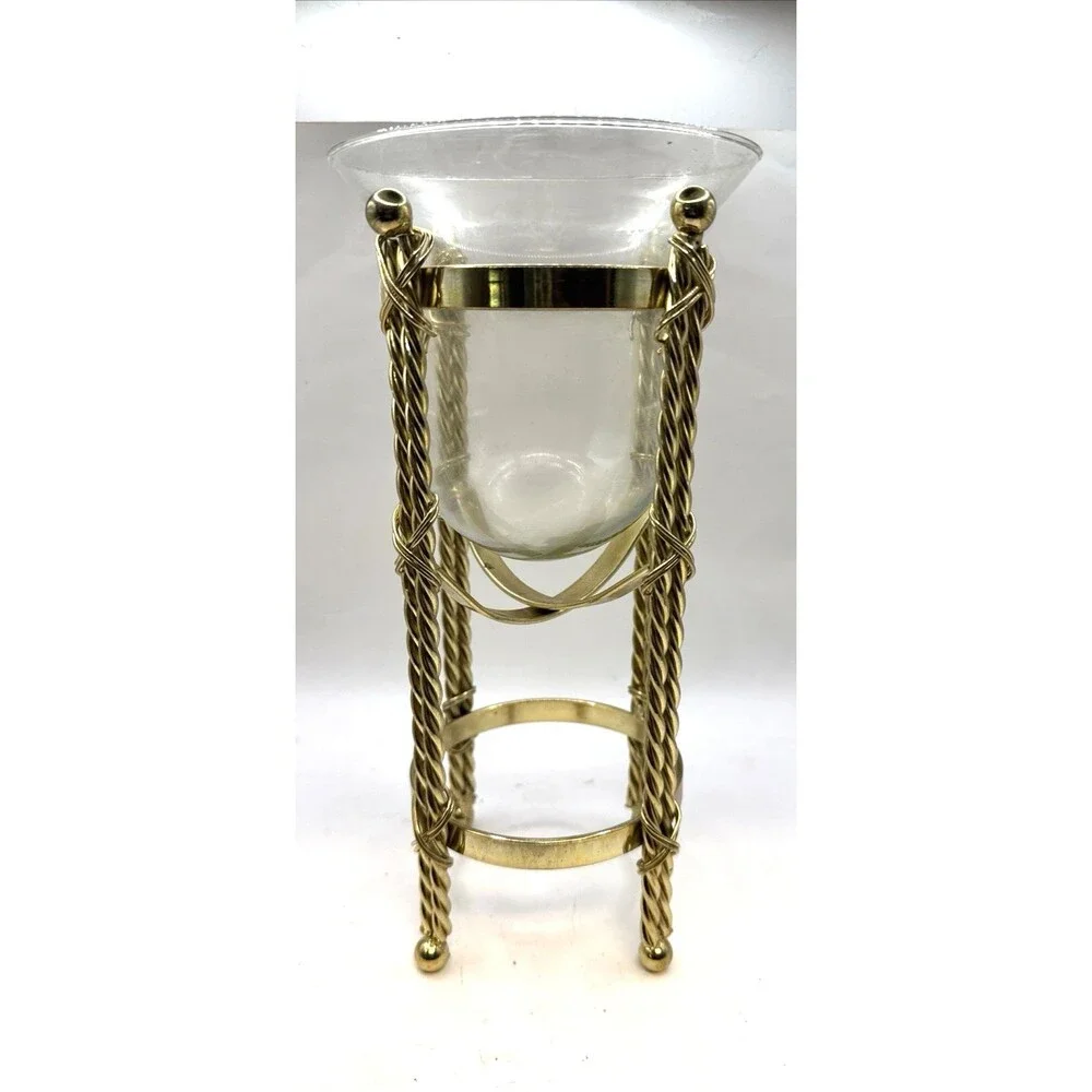 Vintage Hollywood Regency Brass And Glass Candleholder Pillar Braided 11